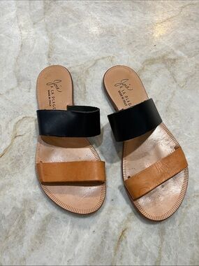 Joie Two-strap Leather Slide Sandals in Black and Tan